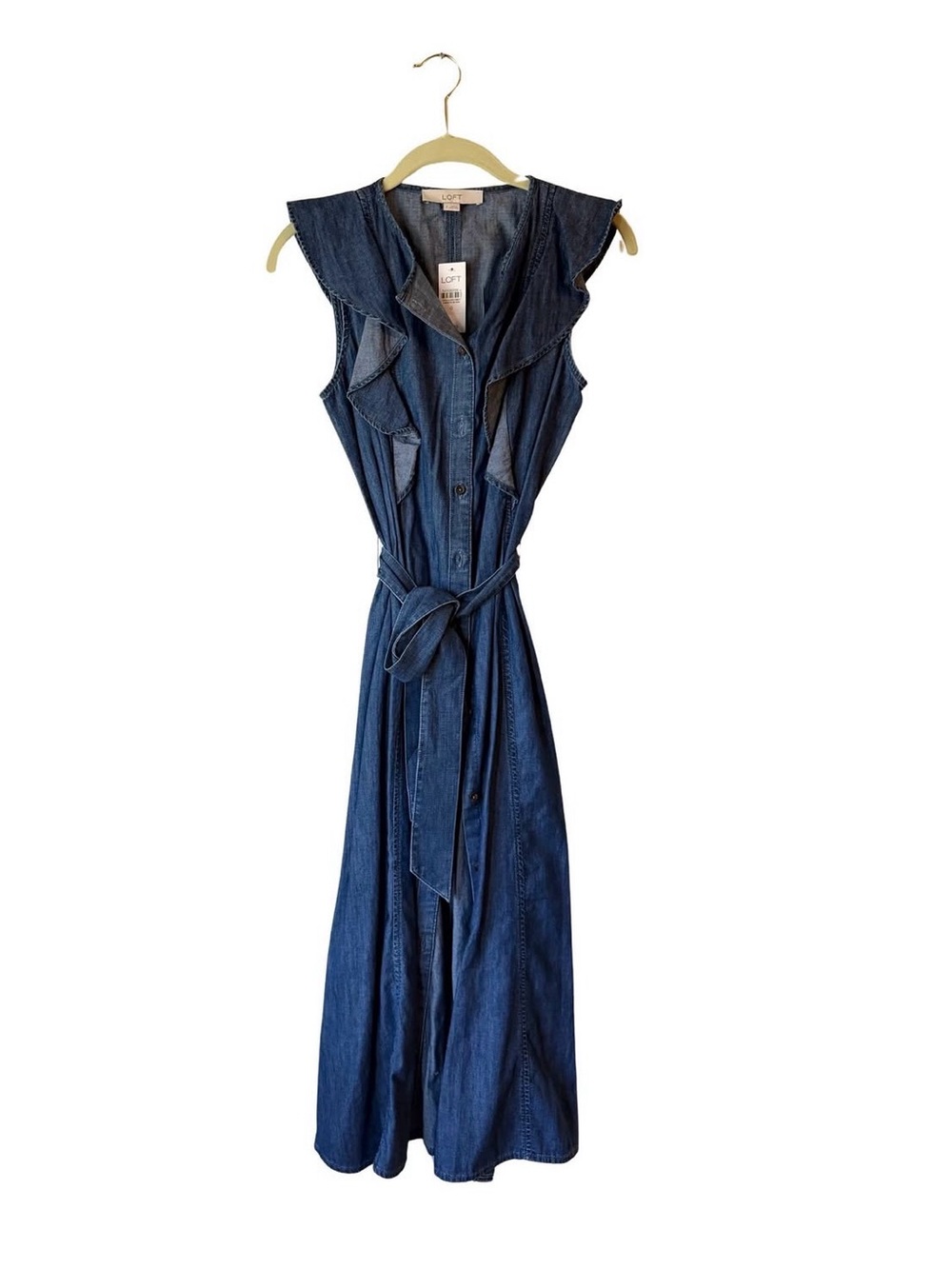 LOFT Dark Blue Sleeveless Denim Maxi Dress with Tie Waist